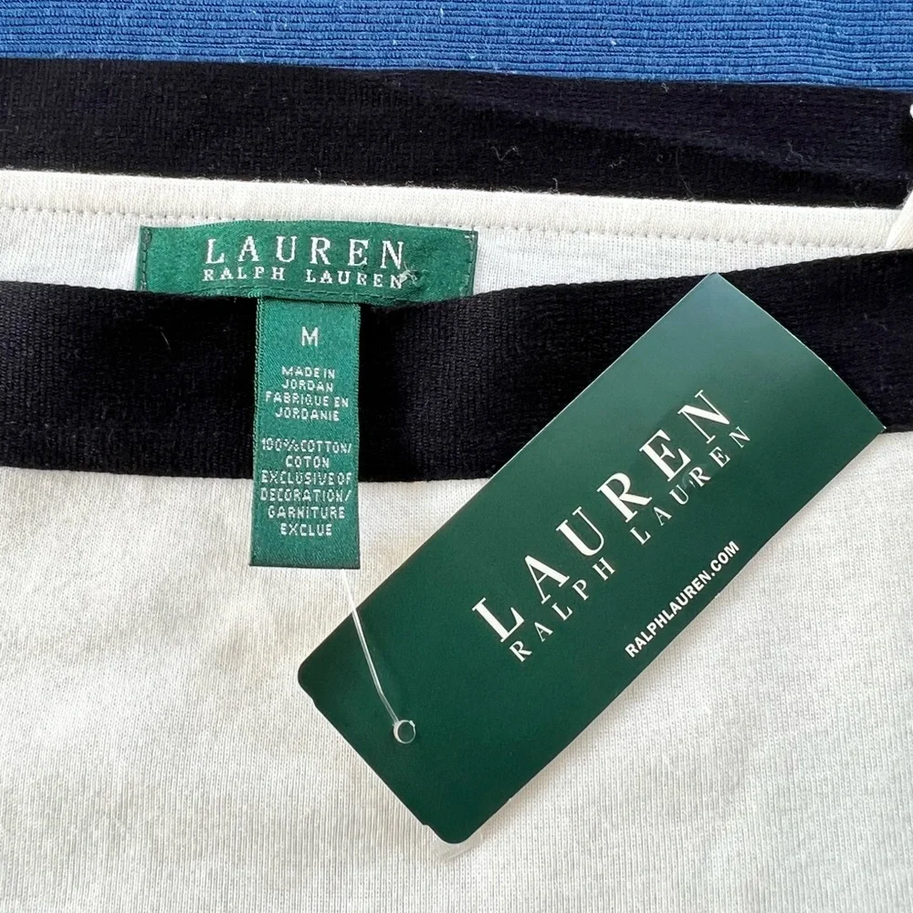 NWT Lauren Ralph Lauren | Cream 3/4 Sleeve Top Black Stripe Neckline Size Med - Picture 2 of 9